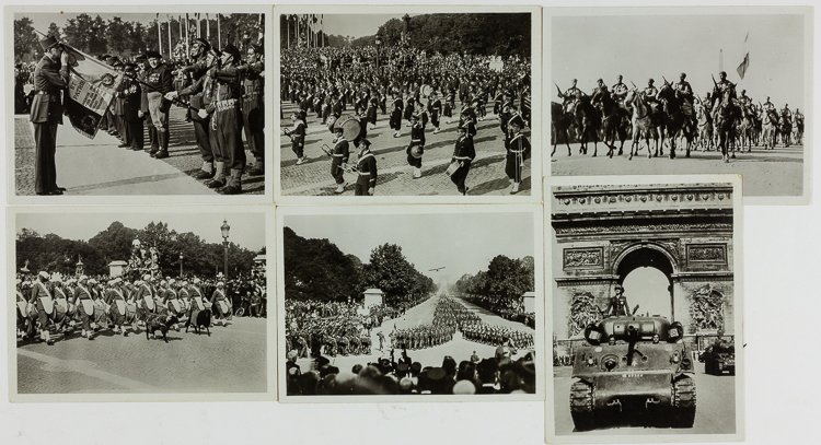 LIBERATION OF FRANCE: LIBERATION OF FRANCE Lot of six period photos from original negatives, each 2 3/4" x 3 3/4" b/w, showing the grand parade held in Paris on V-J Day. Includes images of de Gaulle riding atop a Sherman t