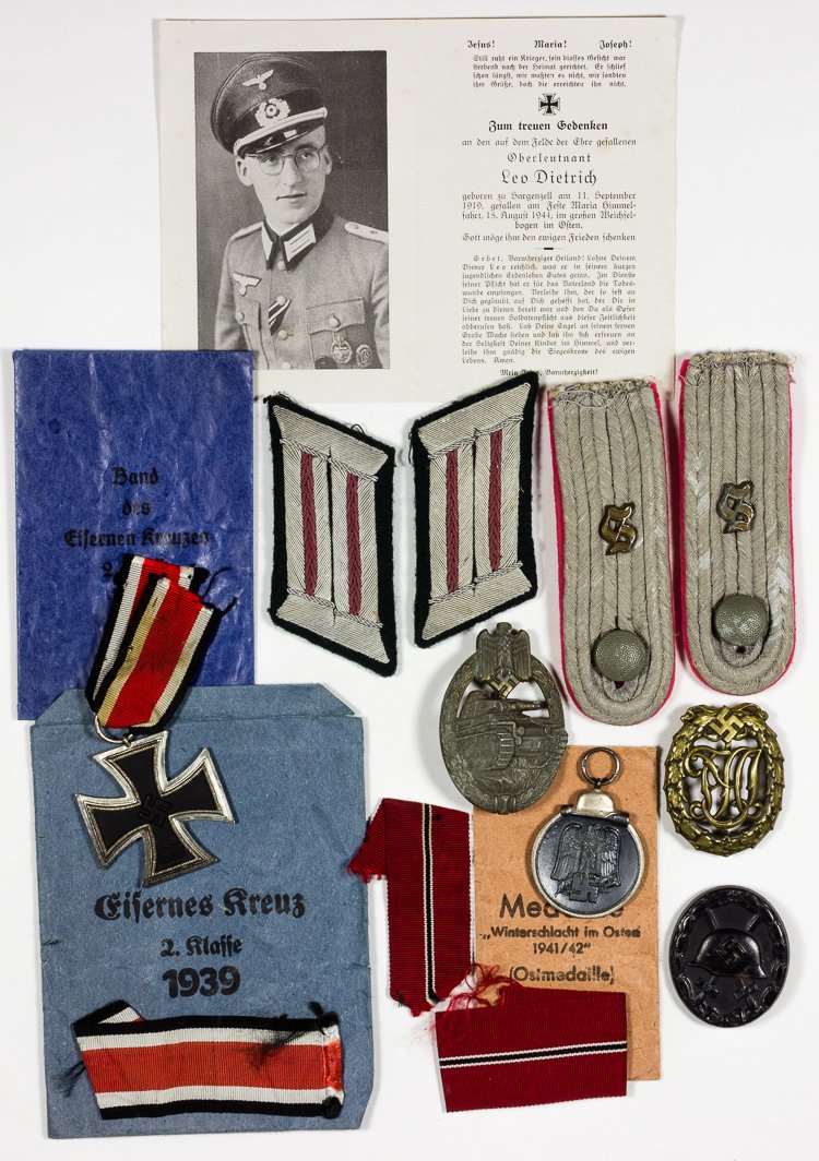 PANZER MEDAL AND INSIGNIA GROUPING OF K.I.A.: PANZER MEDAL AND INSIGNIA GROUPING OF K.I.A. OBERLEUTNANT LEO DIETRICH Excellent lot of 16 medals, insignia, and other items belonging to Panzer Oberleutnant Leo Dietrich (1919 - 15 August 1944). Diet