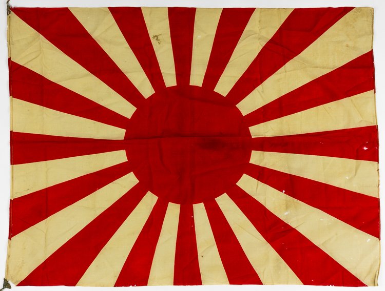 JAPANESE ARMY WAR FLAG: JAPANESE ARMY WAR FLAG War flag of the Imperial Japanese Army, used from 1870 to 1945, 37" x 28" wool, string ties in the corners. Scattered moth holes, still quite good. Uncommon.