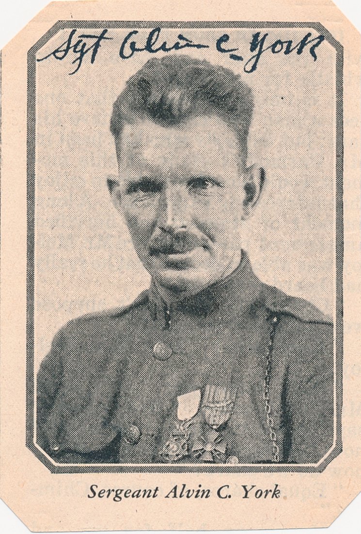 ALVIN C. YORK: ALVIN C. YORK (1887 - 1964) American soldier of World War I who single-handedly captured 132 German prisoners and was awarded a Medal of Honor. Very rare S.P., 2 1/4" x 3 1/4" b/w, a paperstock photo 