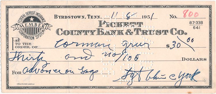 ALVIN C. YORK: ALVIN C. YORK (1887 - 1964) American soldier of World War I who single-handedly captured 132 German prisoners and was awarded a Medal of Honor. D.S. 6 1/2" x 3", Byrdstown, Tennessee, 1951. A check in