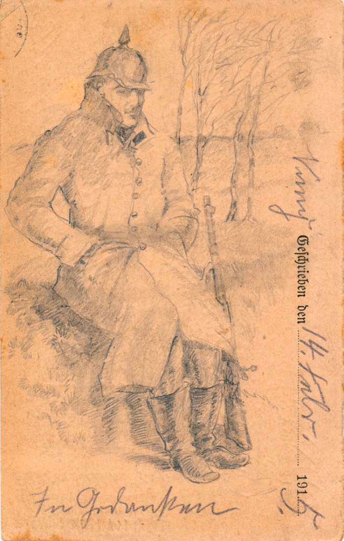 GERMAN SOLDIER'S SELF-PORTRAIT FROM VIMY, 1915: GERMAN SOLDIER'S SELF-PORTRAIT FROM VIMY, 1915 Original pencil drawing on a postcard sent by a member of the 1st Bavarian Reserve Corps to a friend in Munich, Feb. 16, 1915. The image, which depicts a