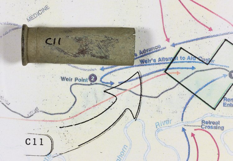 LITTLE BIG HORN RECOVERED SHELL CASING: LITTLE BIG HORN RECOVERED SHELL CASING A historic Custer battlefield artifact, a brass .50 caliber carbine shell casing recovered from the battlefield of Little Big Horn where Lt. Col. George Armstron