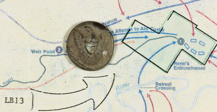 LITTLE BIG HORN RECOVERED BRASS EAGLE COAT BUTTON: LITTLE BIG HORN RECOVERED BRASS EAGLE COAT BUTTON A historic Custer battlefield artifact, a brass eagle shield coat button recovered from battlefield of Little Bighorn where Lt. Col. George Armstrong 