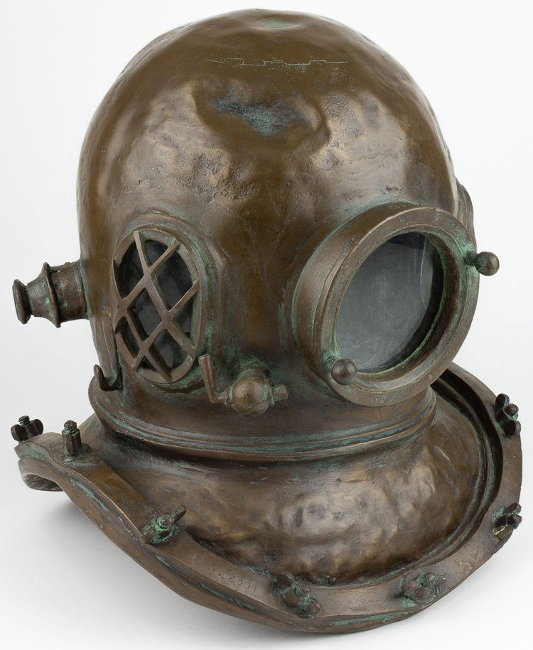 COLD CAST BRONZE DIVER'S HELMET: COLD CAST BRONZE DIVER'S HELMET Attractive, highly-detailed cold-cast bronze casting of a marine diver's helmet with glass inserts at the face and on both sides, a life-seize replica ideal for display