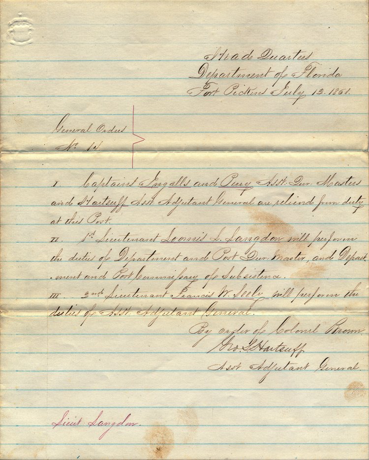 GEORGE S. HARTSUFF: GEORGE S. HARTSUFF (1830 - 1874), Union major general severely wounded at Sharpsburg and directed forces at the siege of Petersburg between the James and Appomattox rivers. A.D.S. 1p. 4to., Fort Picke