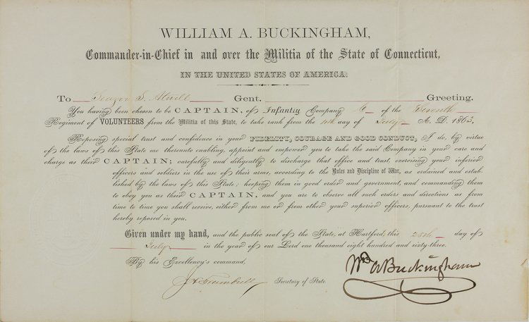WILLIAM A. BUCKINGHAM: WILLIAM A. BUCKINGHAM (1804 - 1875) Civil War Governor of Connecticut who worked closely with Lincoln, raising a greater than required number of volunteers. Partially-printed D.S. "Wm. A. Buckingham",