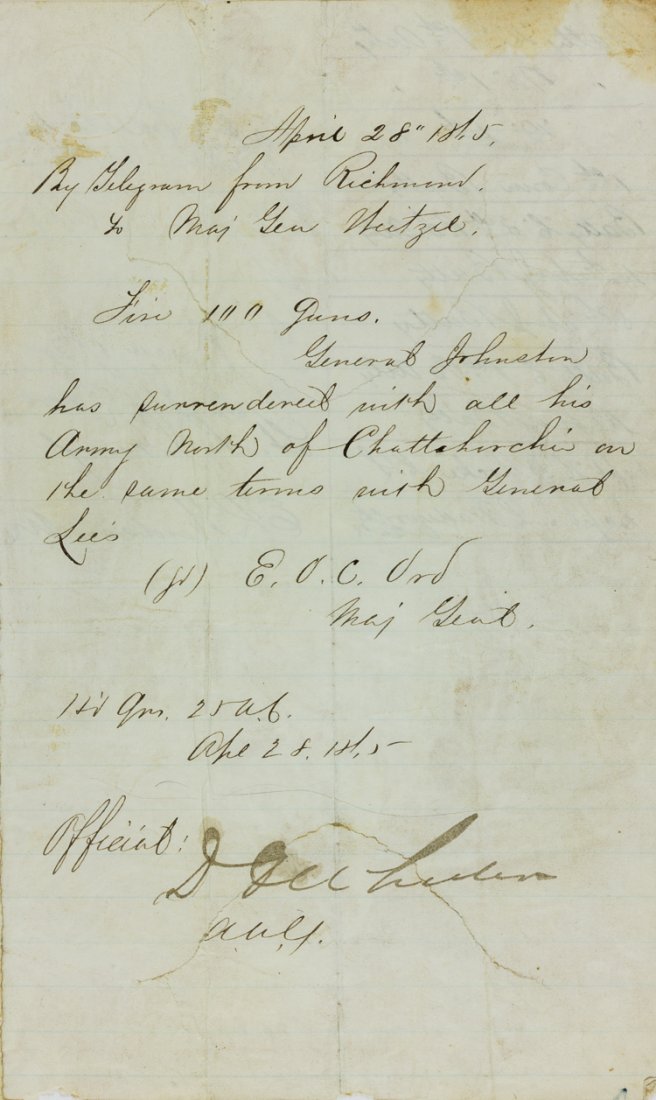 SURRENDER OF GENERAL JOSEPH E. JOHNSTON: SURRENDER OF GENERAL JOSEPH E. JOHNSTON Set of signed orders issued to Captain Loomis L. Langdon, 2pp. 8vo., Richmond, Apr. 28, 1865, directing him to fire 100 guns in salute to celebrate the surrende