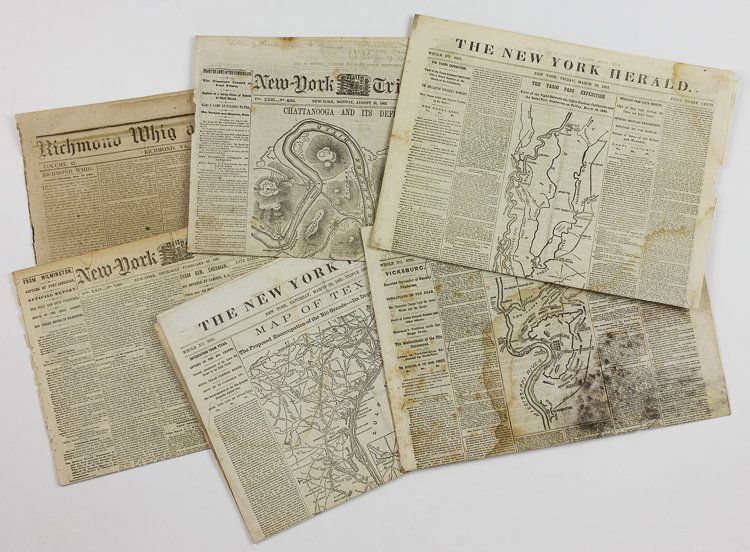 UNION NAVY NEWSPAPERS: UNION NAVY NEWSPAPERS Lot of six Civil War newspapers including one Southern, most concerning naval matters. Includes: New York Herald, June 10, 1863 with map of Vicksburg, reports surrender of Pember