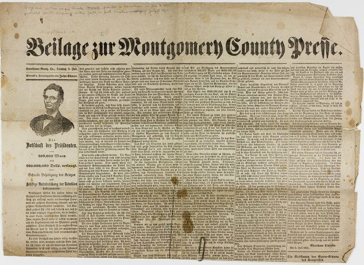 LINCOLN BROADSIDE IN GERMAN PRINTS HIS ADDRESS OF JULY (1 of 2)
