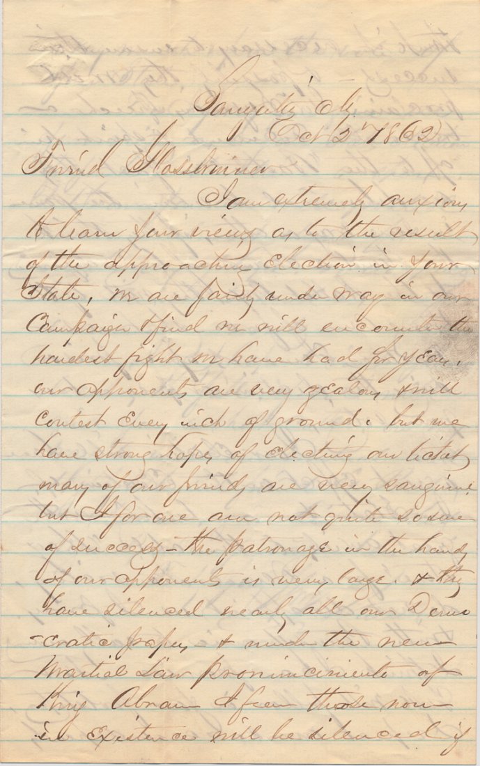 NEW YORK CONGRESSMAN ATTACKS "KING ABRAM": NEW YORK CONGRESSMAN ATTACKS "KING ABRAM" Interesting content L.S. , 3pp. 8vo., Saugerties, N.Y., Oct. 2, 1862, expressing the writer's sincere hope for a Democratic victory in New York's upcoming con