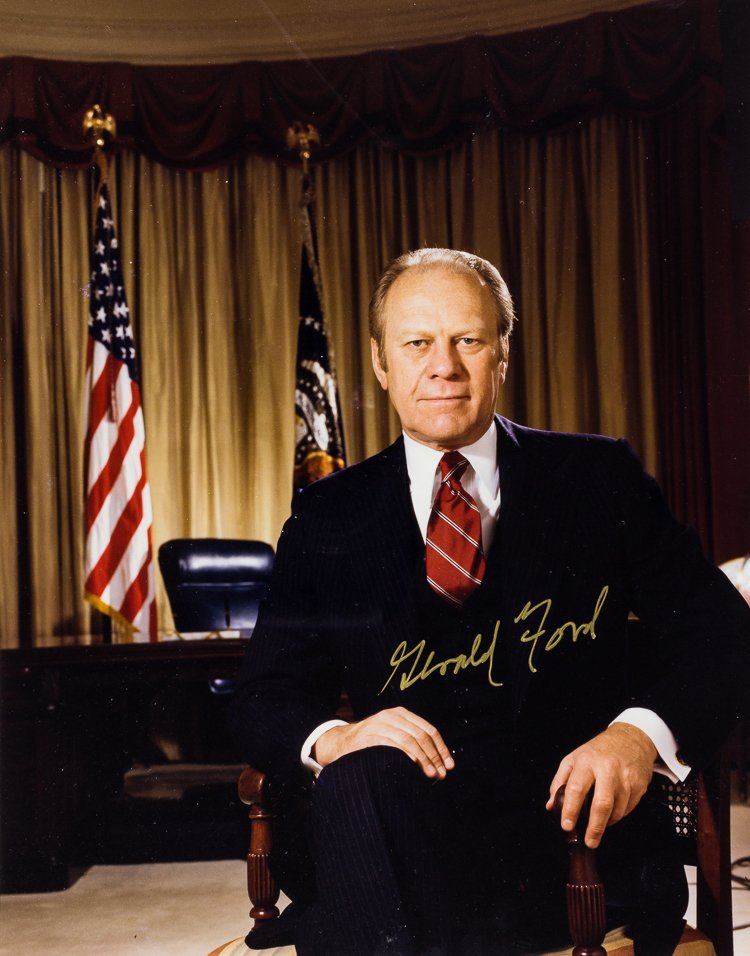 GERALD R. FORD: GERALD R. FORD (1913 - 2006) 38th President of the United States who assumed office upon the resignation of Richard Nixon, who Ford later pardoned for any involvement in the Watergate scandal. S.P. 8"