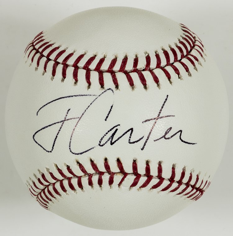 JAMES E. CARTER: JAMES E. CARTER (b. 1924) Thirty-ninth President of the United States who engineered a break-through in Arab-Israeli relations. Official "Bud Selig" Major League baseball signed "J. Carter" in black i