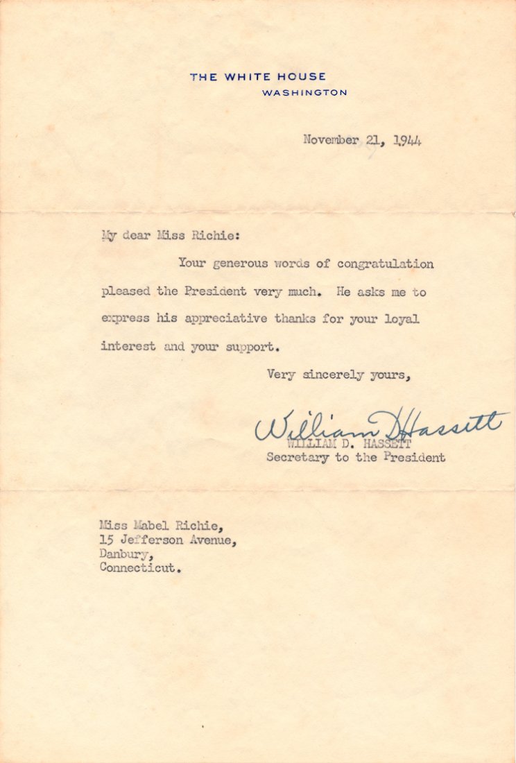 PRESIDENTIAL SECRETARIES: PRESIDENTIAL SECRETARIES Lot of three letters by secretaries to U.S. Presidents, all on White House letterheads, each 1p. 8vo. Includes: WILLIAM D. HASSETT writing for Franklin D. Roosevelt, Nov. 21,