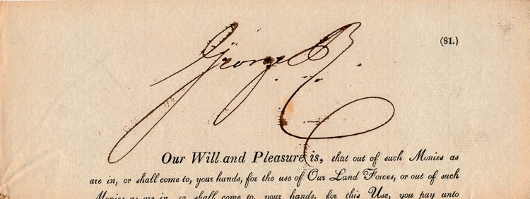 GEORGE IV: GEORGE IV (1762 - 1830) King of England who became Prince Regent when George III became permanently deranged. Large signature "George R." as king, cut from a document. With period engraving.