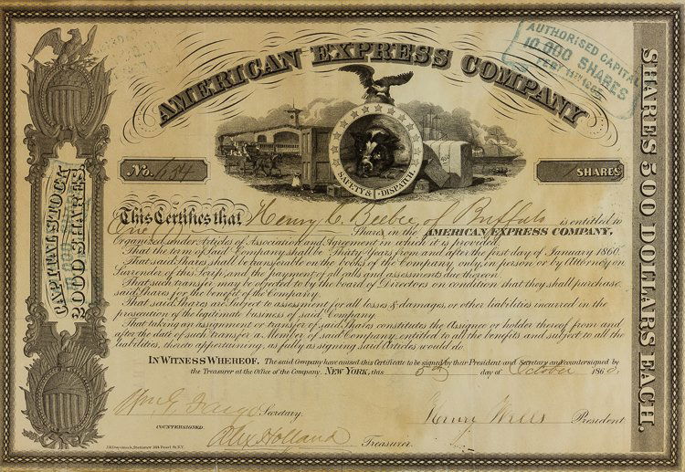 HENRY WELLS AND WILLIAM FARGO: HENRY WELLS AND WILLIAM FARGO Signed American Express Company stock certificate, 8" x 11", New York, Oct. 5, 1860 issuing one share in teh American Express Company . The certificate is signed by HENRY