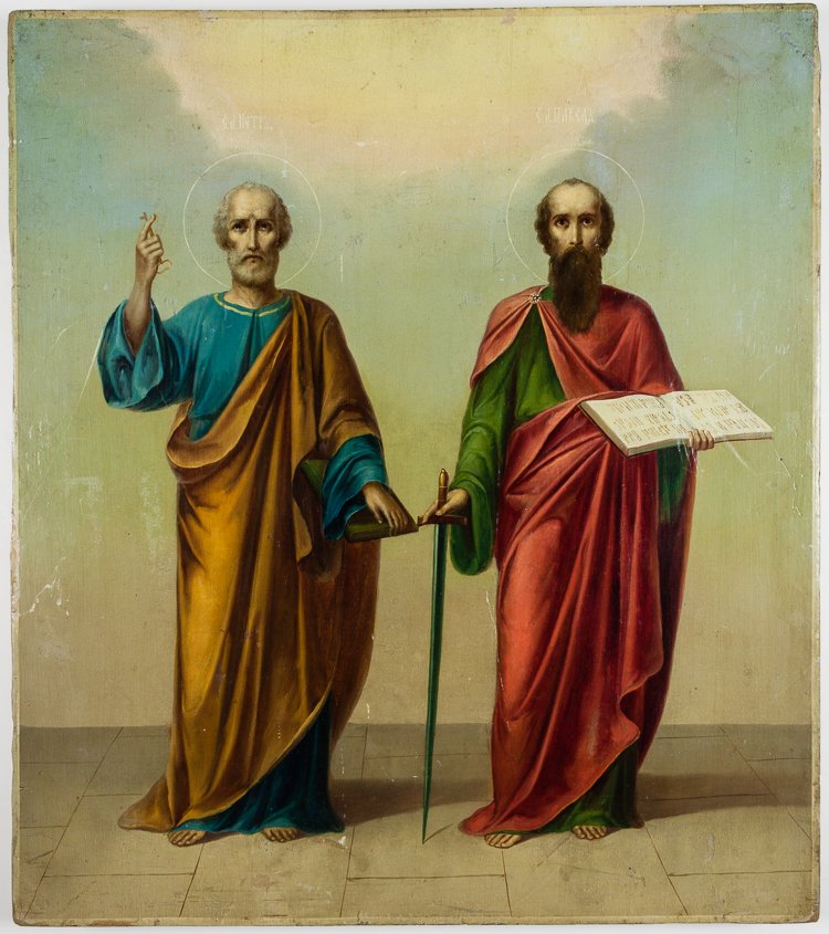 PAINTED RUSSIAN ICON, SAINTS PETER AND PAUL, LATE 1800S (1 of 1)