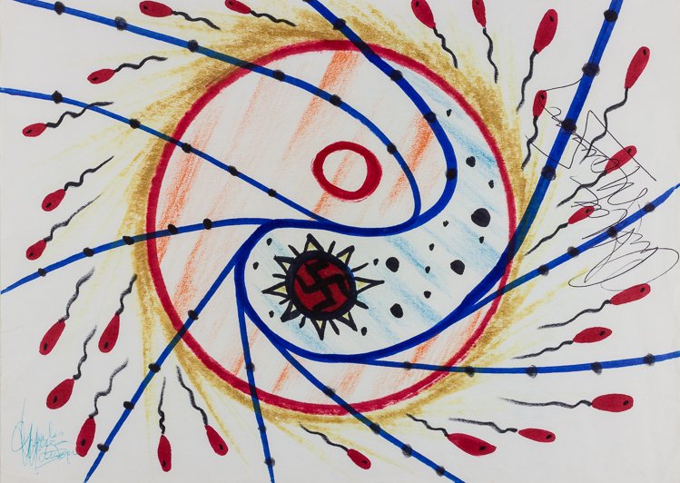 CHARLES MANSON: CHARLES MANSON Original signed artwork by Manson executed on a 12" x 8 3/4" sheet, an abstract image drawn with various colored markers which includes red spermatozoa, blue rays, and a sun-like drawin