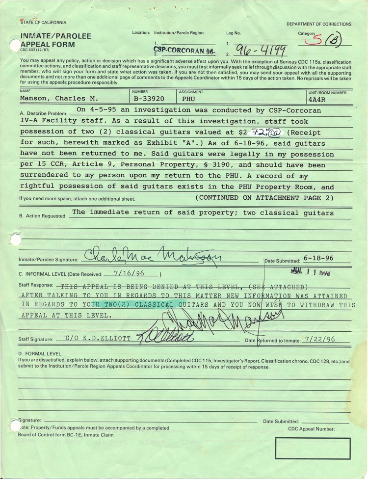 CHARLES MANSON: CHARLES MANSON (b. 1934) Drifter whose "family" committed the infamous Tate-LaBianca murders in 1969. Fine content D.S. signed twice, 2pp. 4to., Corcoran State Prison, Ca., June 18, 1996. Manson signs