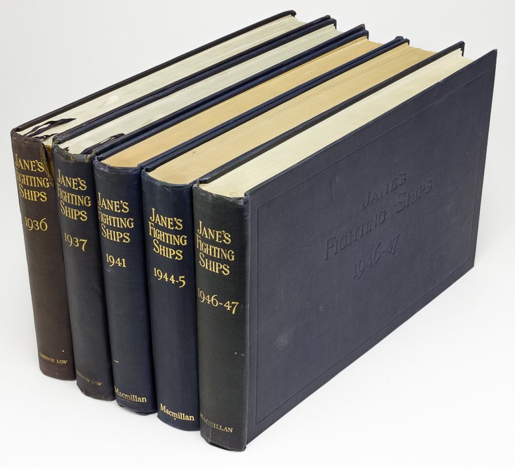 JANE'S FIGHT SHIPS, FIVE VOLUMES: JANE'S FIGHT SHIPS, FIVE VOLUMES Collection of five volumes of "Jane's Fighting Ships", the authoritative compilation of photographs, statistics, armaments, etc. of all military vessels in national fl