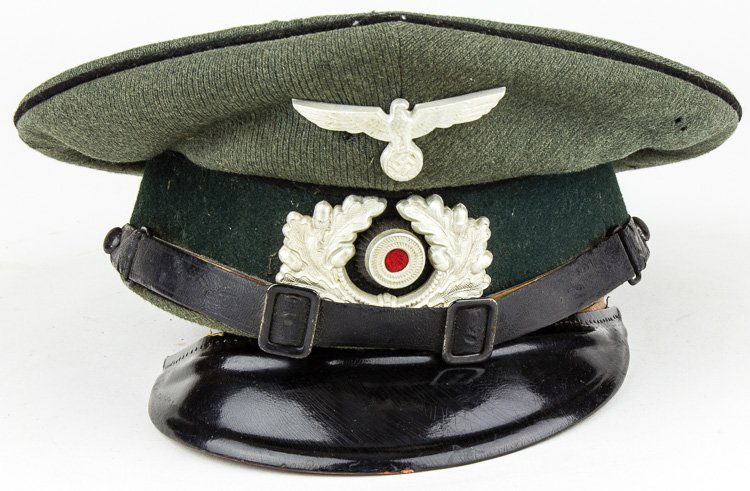 WEHRMACHT PIONEER VISOR CAP: WEHRMACHT PIONEER VISOR CAP Heer Pioneer NCO visor cap, field gray-green wool body, dark green side band and black piping, the front bearing separate aluminum national eagle, oak leaf and cockade insi