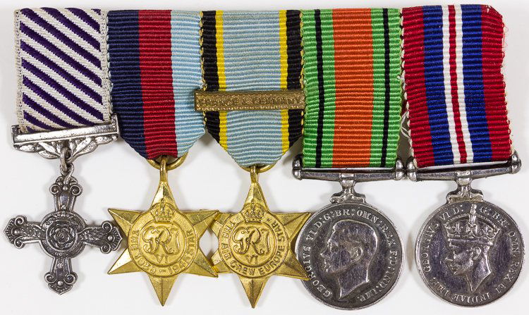 RAID ON THE HAGUE BRITISH AIRMAN'S MEDAL BAR WITH: RAID ON THE HAGUE BRITISH AIRMAN'S MEDAL BAR WITH D.S.C. An important set of miniature medals attributed as having been awarded to Flight Officer John Hepworth, a veteran of the British raid on a Gest