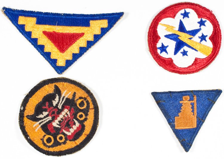 ALLIED SHOULDER PATCHES: ALLIED SHOULDER PATCHES Lot of four cloth shoulder patches, all period, includes Tank Destroyer Forces, Seventh Army, Troop Carrier, and R.A.F. Technical photographer. Very good.