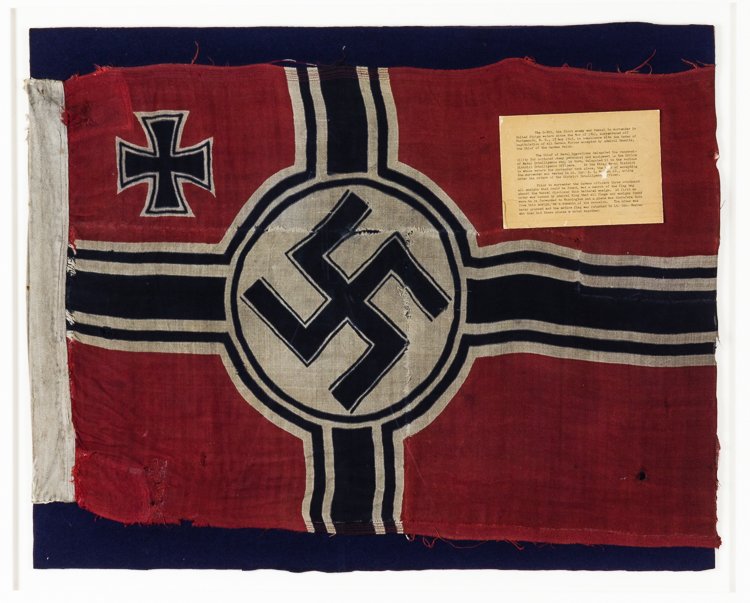 NAVAL ENSIGN OF U-805, THE FIRST VESSEL TO SURRENDER IN: NAVAL ENSIGN OF U-805, THE FIRST VESSEL TO SURRENDER IN U.S. WATERS SINCE THE WAR OF 1812 A superb U-boat relic, the Kriegsmarine ensign of U-805, the second U-boat to surrender to the U.S. Navy in Wo