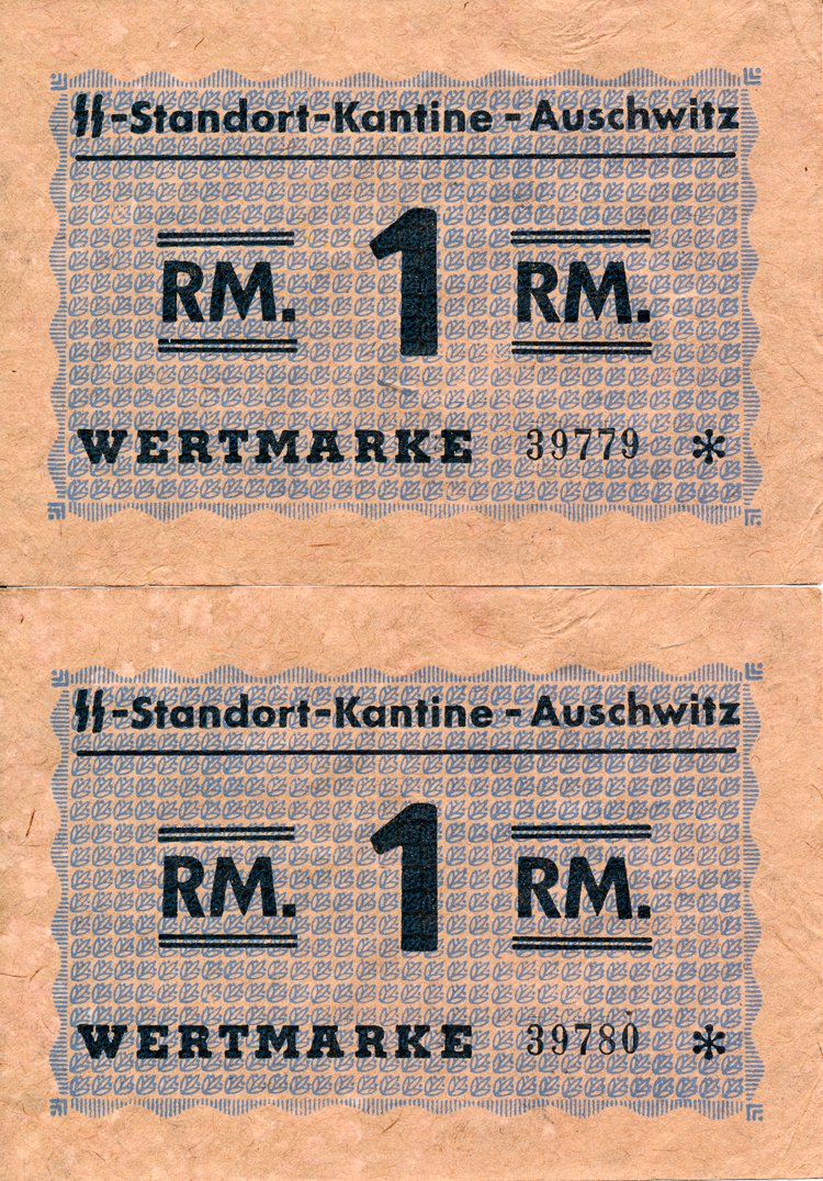 BUCHENWALD CAMP CANTINE SCRIP: BUCHENWALD CAMP CANTINE SCRIP Lot of two SS-issued one Reichsmark "Kantine" notes from Buchenwald concentration camp, each 4" x 3", with consecutive serial numbers. Fine. These notes were not currency