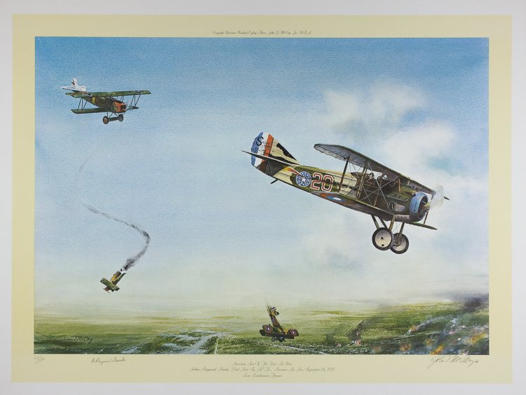 "AMERICAN ACES OF THE FIRST AIR WAR" SIGNED SET OF: "AMERICAN ACES OF THE FIRST AIR WAR" SIGNED SET OF PRINTS Excellent lot of four signed and limited color lithographs, each 24 1/2" x 18", works by artist JOHN T. MCCOY depicting historic dogfights of