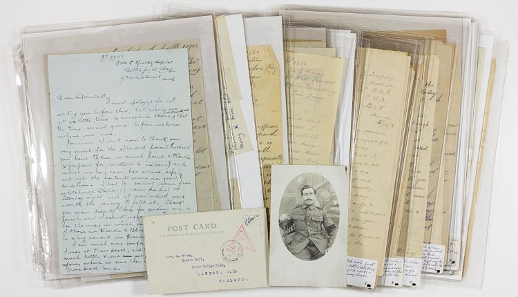 WORLD WAR I SOLDIERS' LETTERS: WORLD WAR I SOLDIERS' LETTERS Large lot of 39 letters and two post cards, most one to two pages, 4to., written by Allied soldiers at the Western Front. Most are addressed to a Mr. Olney, and contain g