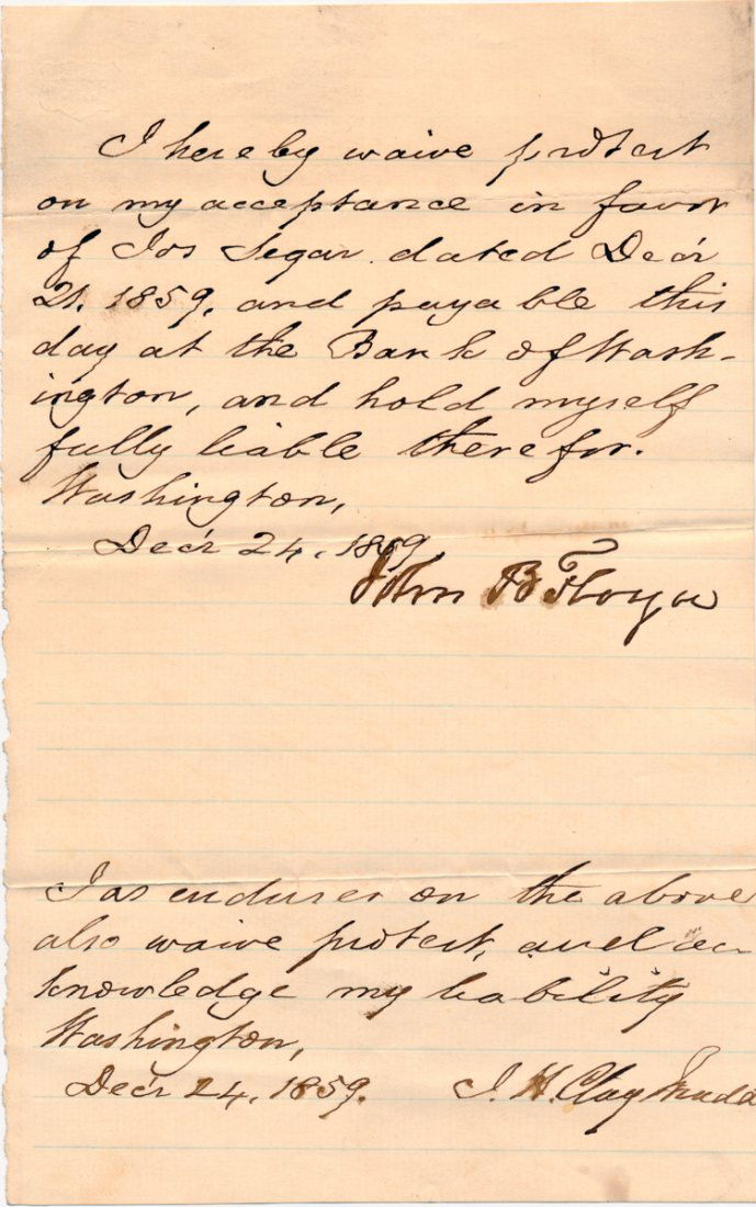 JOHN B. FLOYD: JOHN B. FLOYD (1806 - 1863) Secretary of War and Confederate brigadier general who transfered arms to the South prior to the war, later fled Ft. Donelson prior to the battle there. Manuscript D.S., 1p