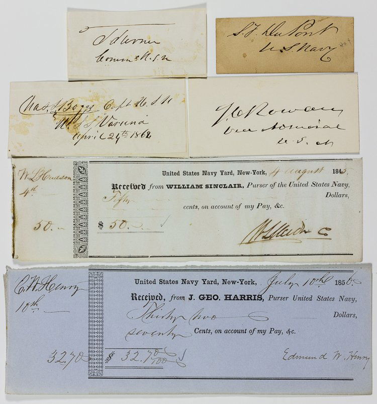 UNION NAVY AUTOGRAPH GROUPING: UNION NAVY AUTOGRAPH GROUPING Interesting collection of six signatures of notable officers of the US Navy during the Civil War. Includes: CHARLES STUART BOGGS (1811-1877), commander of the gunboat "Va