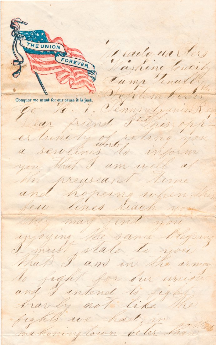 SKIRMISHING WITH CONFEDERATES AT GREAT FALLS, MARYLAND: SKIRMISHING WITH CONFEDERATES AT GREAT FALLS, MARYLAND A good war-date Union soldier's letter, 4pp. 8vo., written, on patriotic stationery by Pvt. Isaac Zeigler, Co. H, 9th Penn. Reserves, (38th Vols.