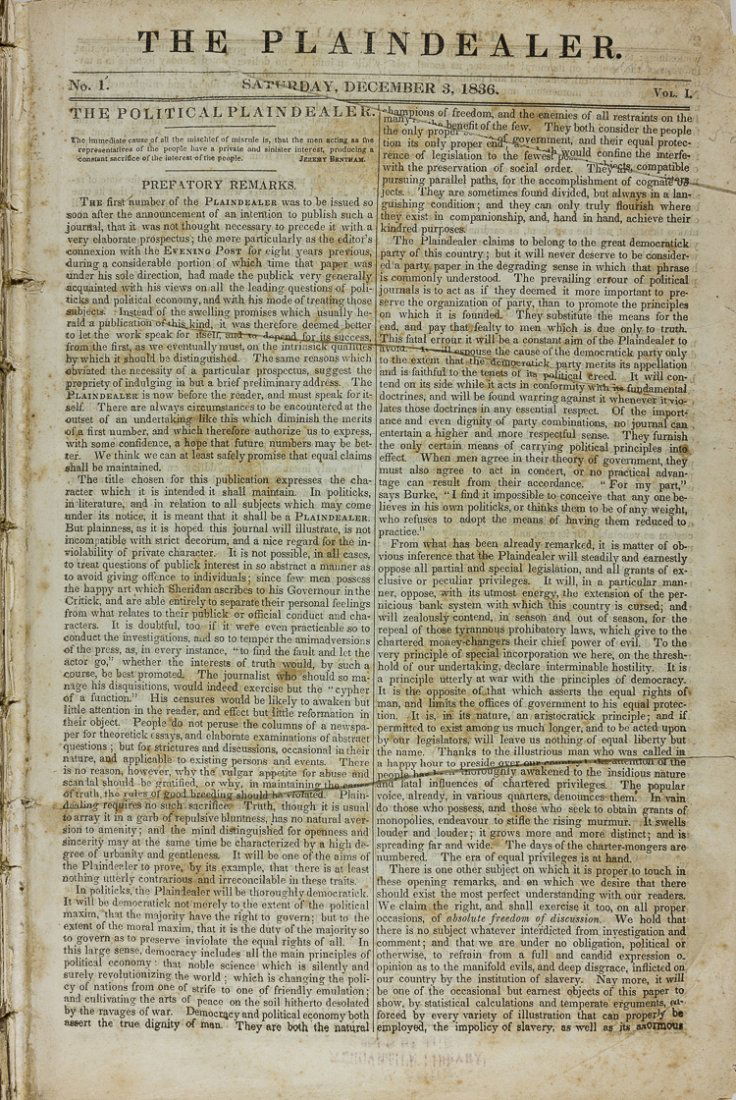 1837 RUN OF POLITICAL NEWSPAPER "THE PLAINDEALER" (1 of 1)