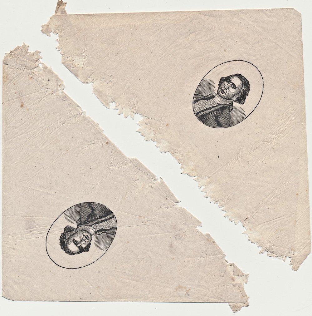 WASHINGTON CENTENNIAL DOILIES: WASHINGTON CENTENNIAL DOILIES Pair of rare paper doilies with fanciful border, each 9" x 9" and folded into a triangle, each bearing an oval image of Washington. The doilies are printed on fine, thin 