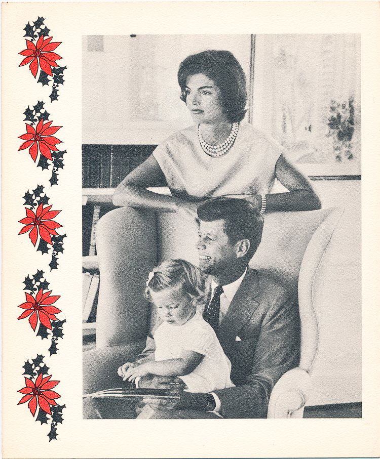 JOHN F. KENNEDY 1959 CHRISTMAS CARD: JOHN F. KENNEDY 1959 CHRISTMAS CARD John and Jacqueline Kennedy’s 1960 Senate Christmas card, 4 ¾” x 5 ¾”, shows the couple and very young daughter Caroline on the front, bears a gold Seal of