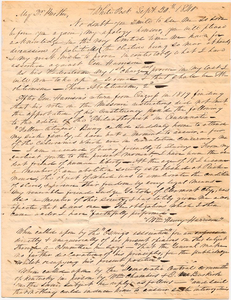 WILLIAM HENRY HARRISON CAMPAIGN LETTER (1 of 7)