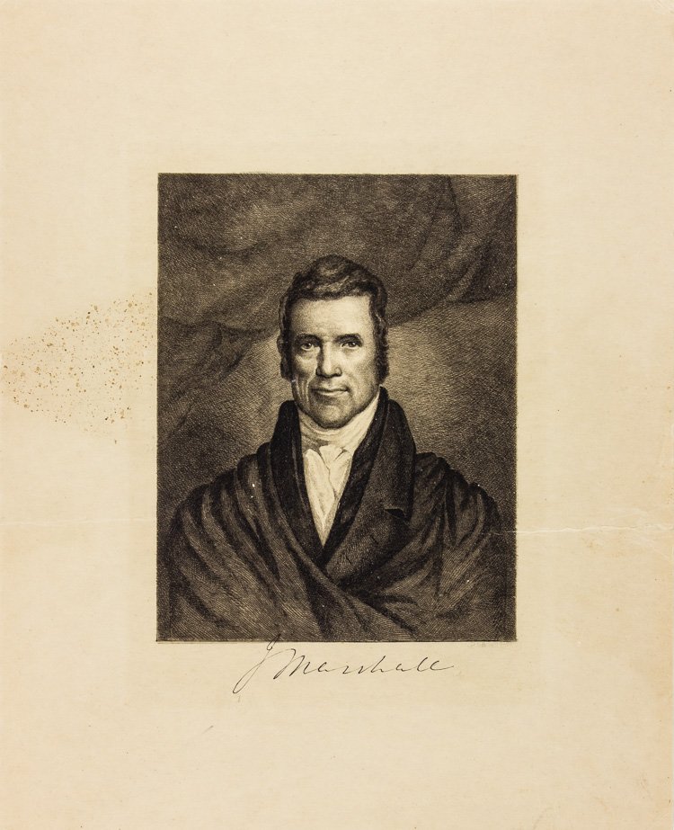 (JOHN MARSHALL): (JOHN MARSHALL) (1755 - 1835) Supreme Court Chief Justice and the principal founder of the American system of constitutional law, including the doctrine of judicial review. Copperplate engraving by Al