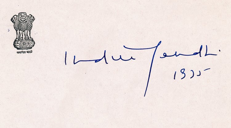 INDIRA GANDHI: INDIRA GANDHI (1917 - 1984) Indian Prime Minister who worked for better economic planning and social reform, assassinated. Bold full signature as Prime Minister on official correspondence card, dated 