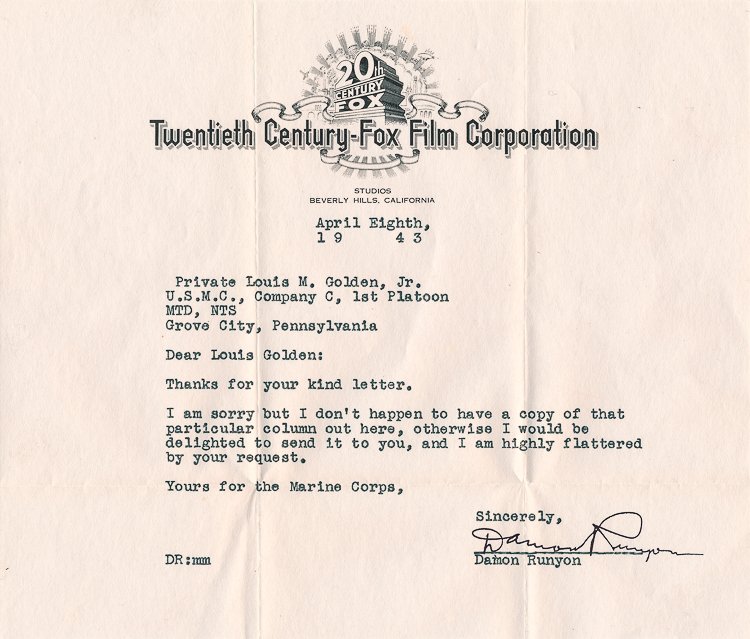 DAMON RUNYON: DAMON RUNYON (1884 - 1946) American journalist and writer, known especially for his Guys and Dolls and The Lemon Drop Kid. T.L.S. on 20th Century Fox letterhead, 1p. oblong 8vo., Beverly Hills, Apr. 8