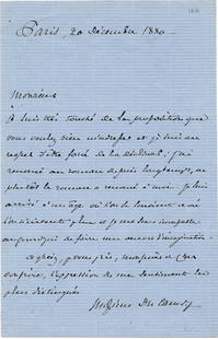 MAXIME DU CAMP: MAXIME DU CAMP (1822-1894) French writer and photographer, whose travel books were among the first to be illustrated with photographs. A rather poignant A.L.S., in French, 1p 8vo., Paris, Dec. 20, 188