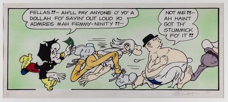 AL CAPP: AL CAPP (1909 - 1979) American cartoonist, creator of Lil Abner. Signed color lithograph "Al Capp '74" in pencil, 28" x 16 3/4" (sight), a great image of "L'il Abner" characters Mammy Yokem, Pappy Yok