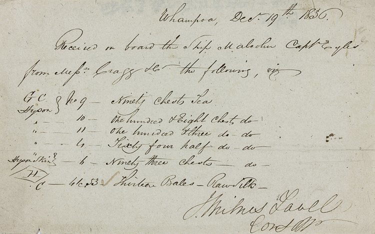 (CHINA TRADE) WHAMPOA BILL OF LADING FOR TEA AND SILK (1 of 2)