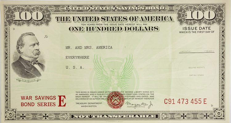 AMERICAN PROPAGANDA POSTER: AMERICAN PROPAGANDA POSTER American propaganda poster, 14" x 26", 1944, a color enlargement of an actual Series E War Savings Bonds, made out to: "Mr. and Mrs. America, Everywhere, U.S.A", with portra