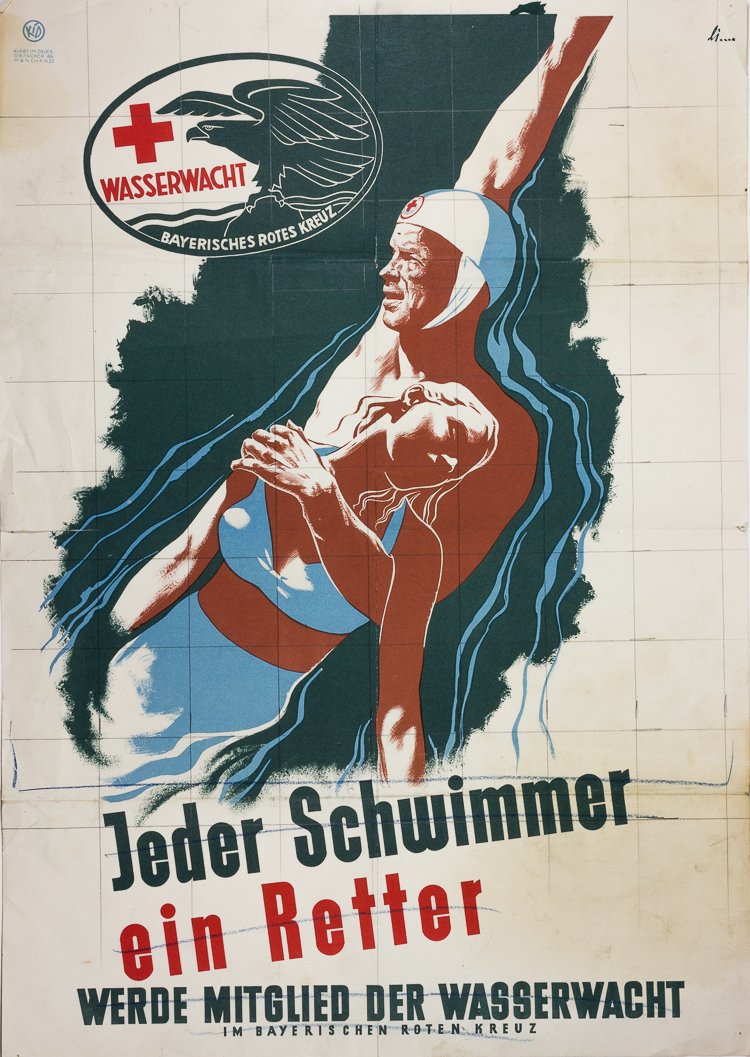 GERMAN LIFE-SAVING POSTER: GERMAN LIFE-SAVING POSTER Paper poster, 23 1/2" x 16 1/2", advertising the "Wasserwacht" of the Bavarian Red Cross. The poster bears the image of a backstroking lifeguard rescuing a stricken female sw