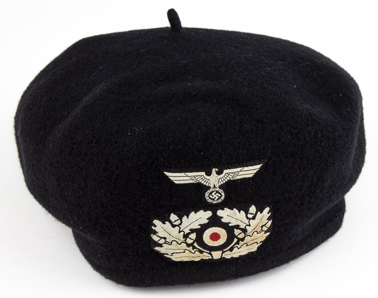 PANZER BERET "TAM": PANZER BERET "TAM" Rare German army Panzer beret "tam", the wool cloth component of the heavily-padded headgear issued to Panzer crewmen to provide some protection from injury while within the close c