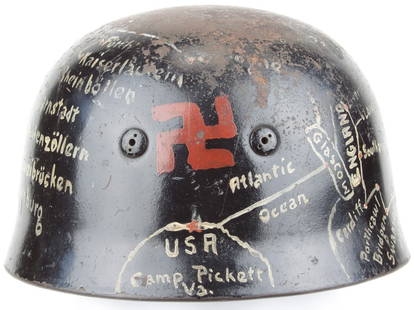 CAPTURED FALLSCHIRMJAGER HELMET DOCUMENTS THE BATTLES: CAPTURED FALLSCHIRMJAGER HELMET DOCUMENTS THE BATTLES OF CPL. JAMES H. OAKS A superb war relic, a Luftwaffe M38 fallschirmjager helmet with insignia, captured by an American corporal and overpainted w