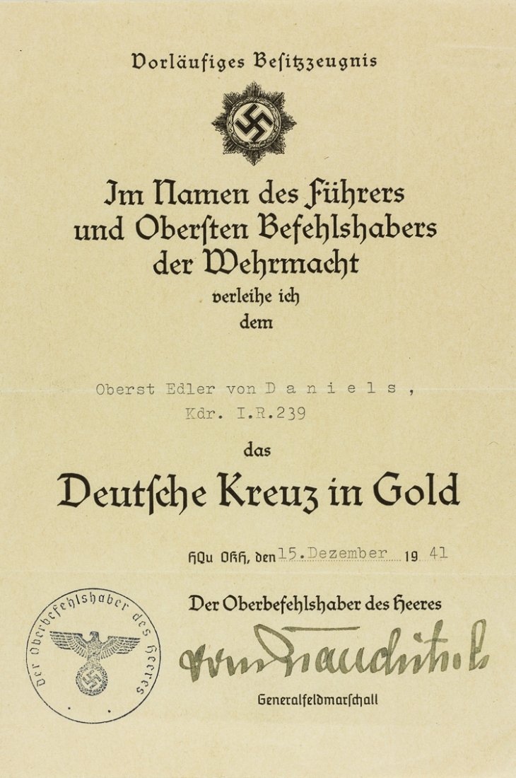 WALTHER VON BRAUCHITSCH: WALTHER VON BRAUCHITSCH(1881-1948) German field marshal and the Commander-in-Chief of the German Army in the early years of World War II. D.S. "von Brauchitsch", 1p. 8vo., Dec. 15, 1941, an award cert