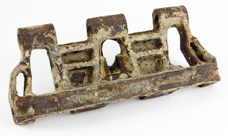 GERMAN PANZER TRACK LINK: GERMAN PANZER TRACK LINK Large and heavy steel link, approx. 15" x 6", from the drive track of a German Panzer III or IV tank, two medium tanks used extensively by the Wehrmacht during the World War I